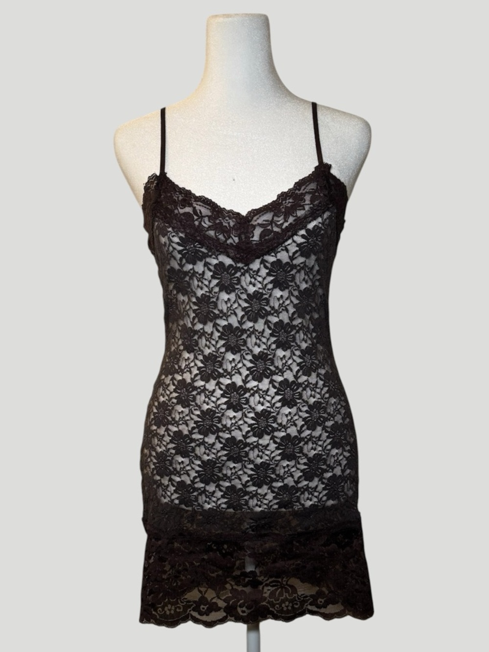 Zenana Outfitters Sheer Unlined Brown Floral Lace Mini Slip Dress